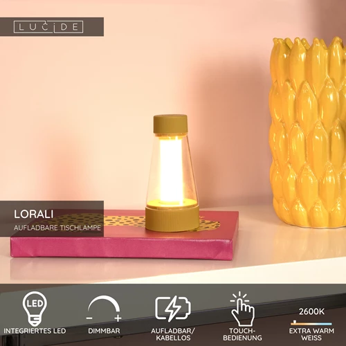 Lucide LORALI - wiederaufladbare Tischlampe Innen/Außen - Akku/Batterie - Ø 7,7 cm - LED Dim. - 1x1,2W 2600K/3000K - IP44 - Ockergelb - USP